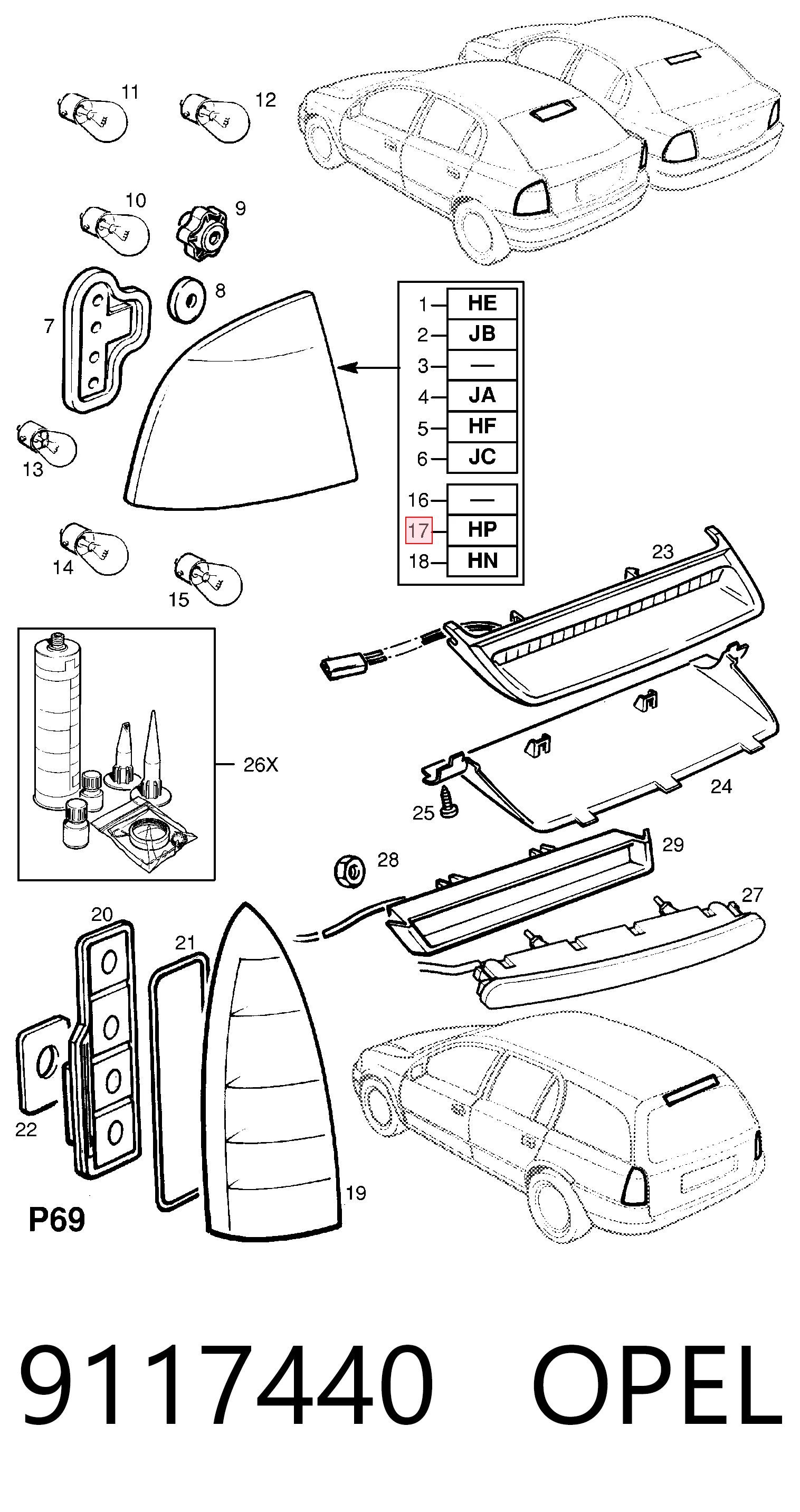 Opel Astra  (1998 - 2009) Sağ arka stop lambası 