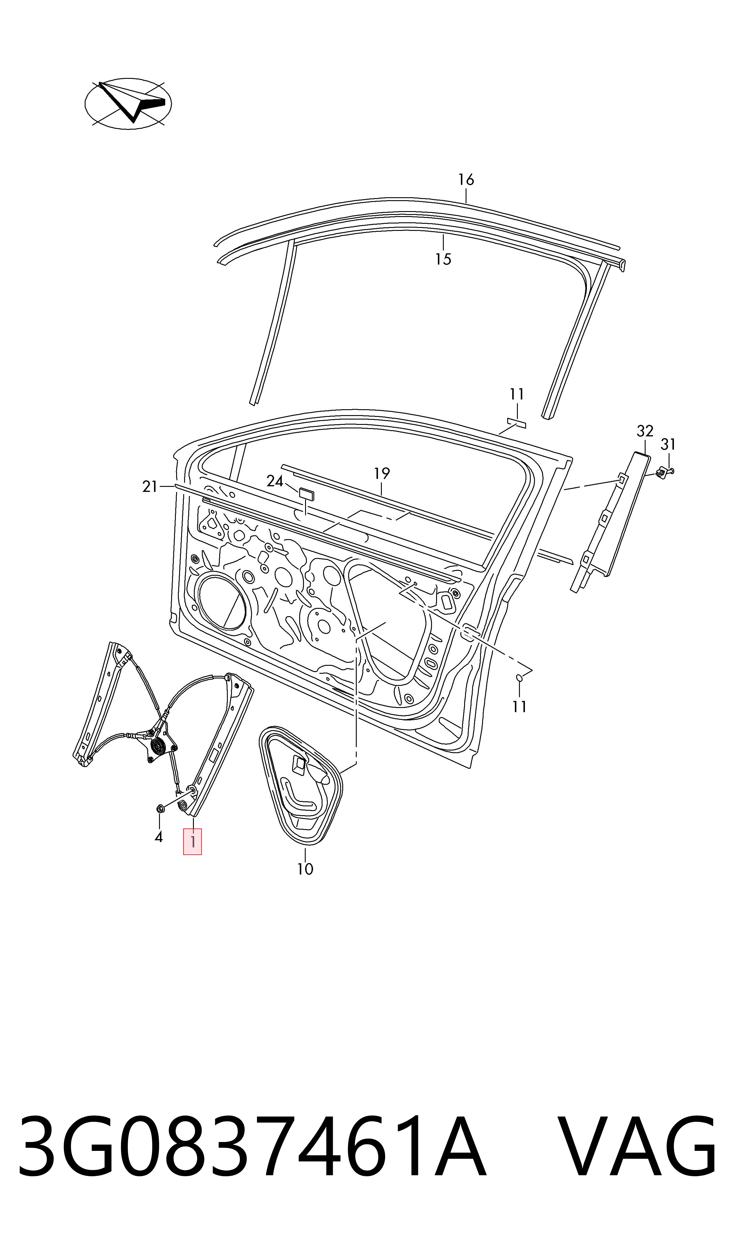 Volkswagen Passat  (2010 - 2016) Ön sol kapı cam kriko mekanizması 